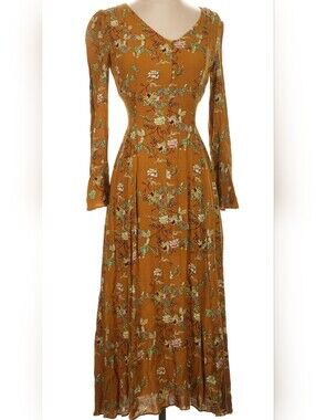 a Loves a Mustard Yellow Ochre  Floral Long Sleeve Midi Dress Size XS